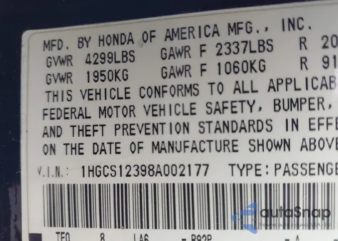 2008 Honda Accord 2.4 Lx-S from USA, damaged, VIN 1HGCS12398A002177